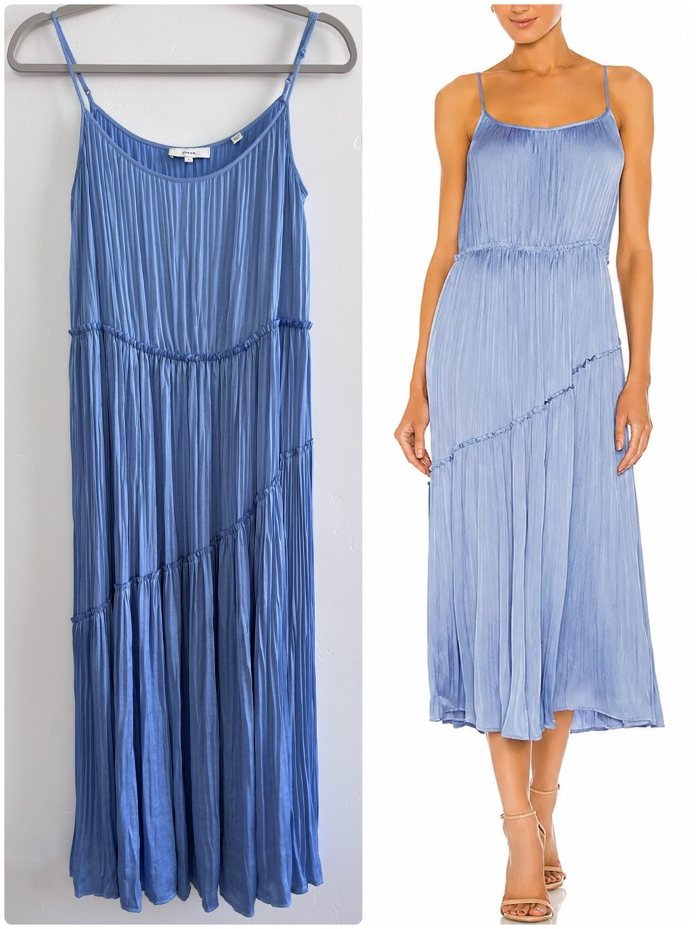 Vince Tiered Asymmetric Pleated Midi Dress in Blue S Japanese Satin Quiet Luxury